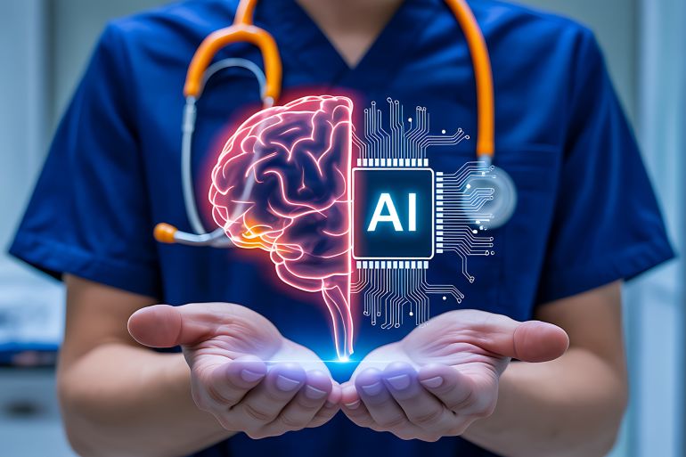 40-1790506559 Healthcare professional using artificial intelligence for brain innovation and medical technology المصدر AdobeStock