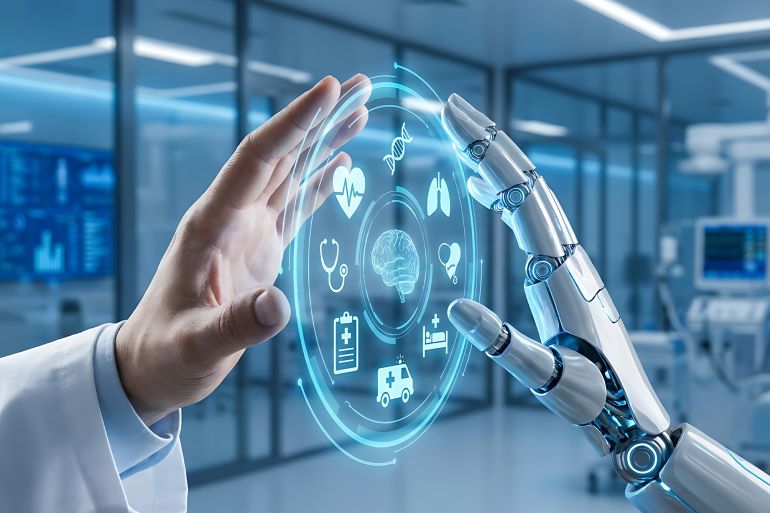 43-1790506554 Human doctor and robotic hand interacting with digital healthcare interface in modern hospital setting المصدر AdobeStock