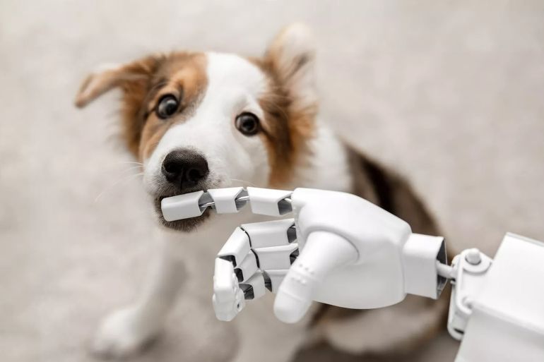 cyborg or robot hand is holding his finger to a puppy, sitting on the floor. concept cybernetic or robotic