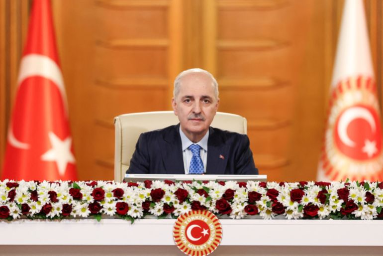 Turkey’s Parliament Speaker Numan Kurtulmus chairs a parliamentary commission set to vote on a draft report aimed at facilitating the disarmament of the outlawed Kurdistan Workers Party (PKK), a step that could advance a peace process to end more than four decades of conflict, in Ankara, Turkey, February 18, 2026. Grand National Assembly of Turkey/Handout via REUTERS ATTENTION EDITORS - THIS PICTURE WAS PROVIDED BY A THIRD PARTY. NO RESALES. NO ARCHIVES.