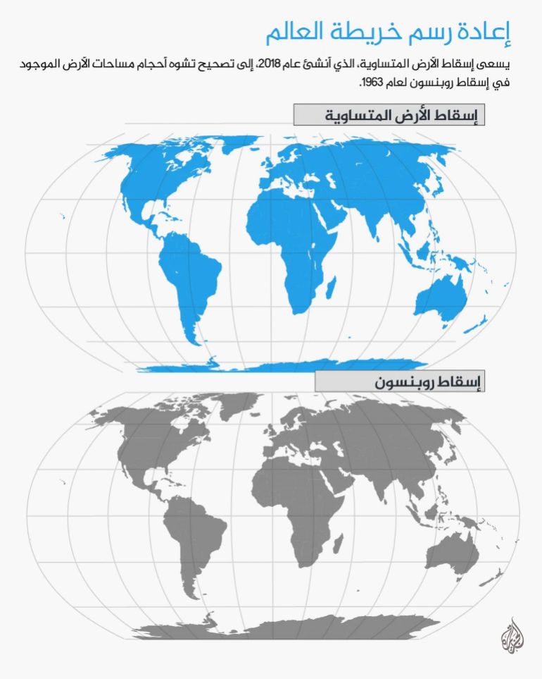 5665-1749625924-1788692994 إعادة رسم خريطة العالم يسعى إسقاط الأرض المتساوية، الذي آنشئ عام 2018، إلى تصحيح تشوه آحجام مساحات الأرض الموجود في إسقاط روبنسون لعام 1963.