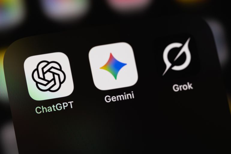 568756-1783760452 ChatGPT, Google Gemini and Grok XAi mobile icon apps on a screen closeup smartphone iPhone. Popular chatbots with generative artificial intelligence. Batumi, ... See More by prima91 @ادوبي ستوك
