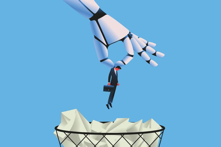 Giant robot throwing man in a trash can. Artifical intelligence replacing jobs concept. Vector illustration.