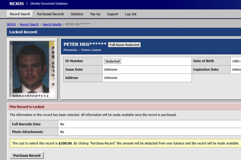 Defense Secretary Pete Hegseth’s driver’s license has leaked. A new dark-web service is selling scans of his and 153M+ U.S. and Canadian driver’s licenses @صورة من موقع Nexus