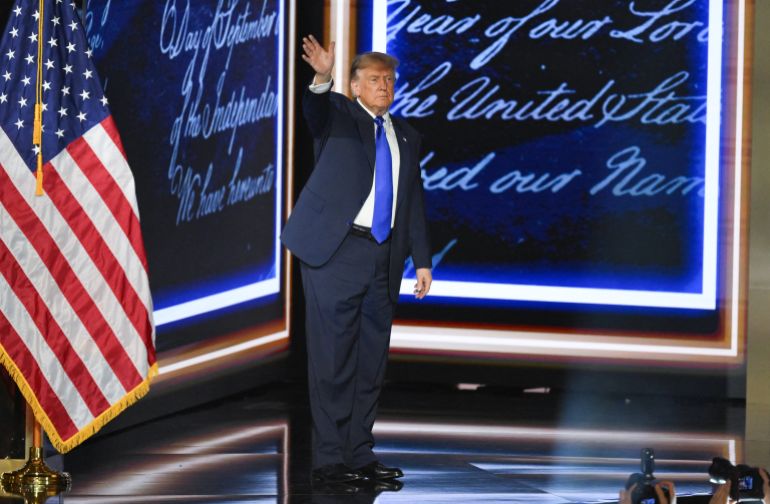 afp_6aa222ab3e1e-1789010603 US President Donald Trump waves as he leaves after speaking during the Republican National Midterm Convention at the American Airlines Center in Dallas, Texas on September 9, 2026.
