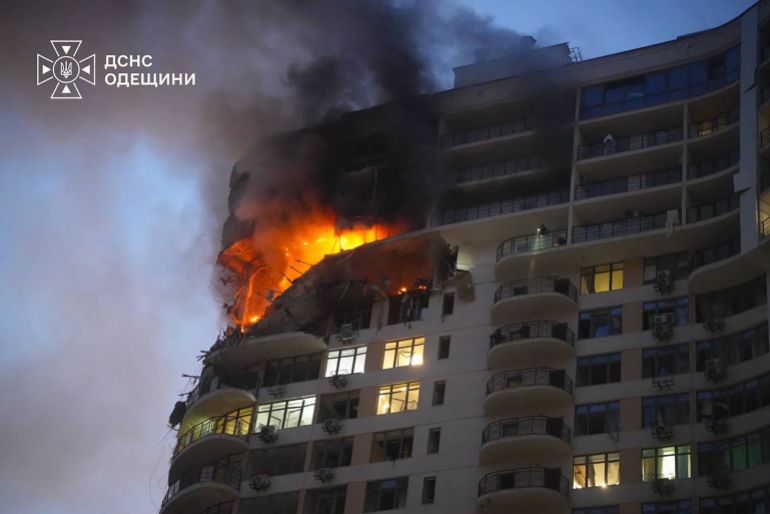 afp_6aa5ee973e0b-1789259415 This handout picture taken and released by Ukrainian State Emergency Service on September 12, 2026 shows a multi-storey residential building with an ongoing fire at damaged high levels following a strike in the Ukrainian city of Odesa, amid the Russian invasion in Ukraine.