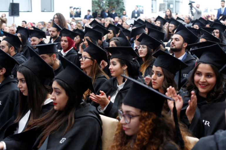 almghrb-aljamcabft-1788641345 Students wearing mortar board hats wait to receive their degree diplomas, following a graduation ceremony for students at University of Rabat, Morocco, February 2, 2019. Picture taken February 2, 2019. REUTERS/Youssef Boudlal