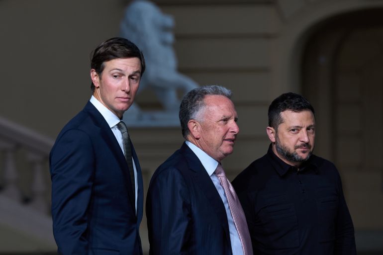 ap_6a9d95e82b88e-1788712424 Ukraine's President Volodymyr Zelenskyy, right, talks to U.S. President Donald Trump's envoys Steve Witkoff, center, and Jared Kushner at the end of a joint news conference following their meeting in Kyiv, Ukraine, Sunday, Sept. 6, 2026. (AP Photo/Francisco Seco)
