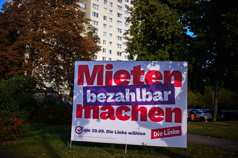 ap_6aa92dfa66e29-1789472250 A poster of the Left Party for the upcoming Berlin state election reading: "Making Rent Affordable" is placed near a road in Berlin, Germany, Tuesday, Sept. 15, 2026. (AP Photo/Markus Schreiber)