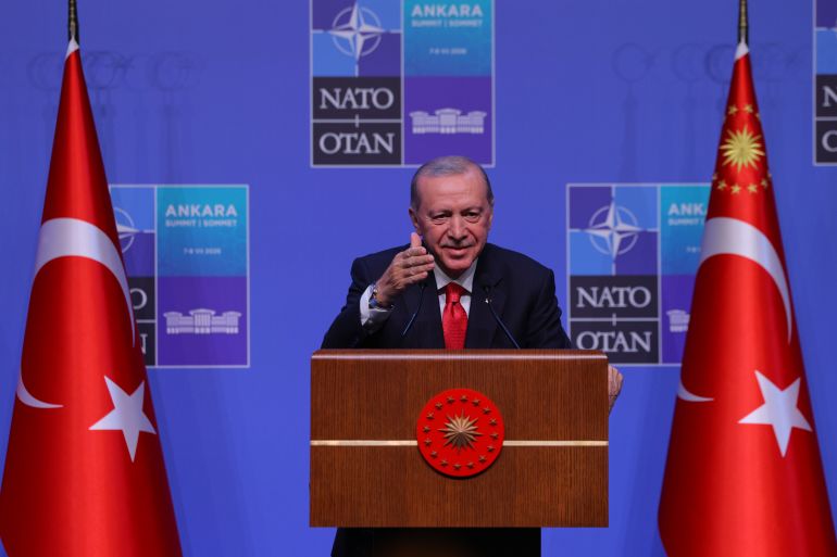 ap_6aac0c9b0cdce-1789660315 Turkish President Recep Tayyip Erdogan speaks during a media conference at the NATO summit in Ankara, Turkey, Wednesday, July 8, 2026. (AP Photo/Riza Ozel)