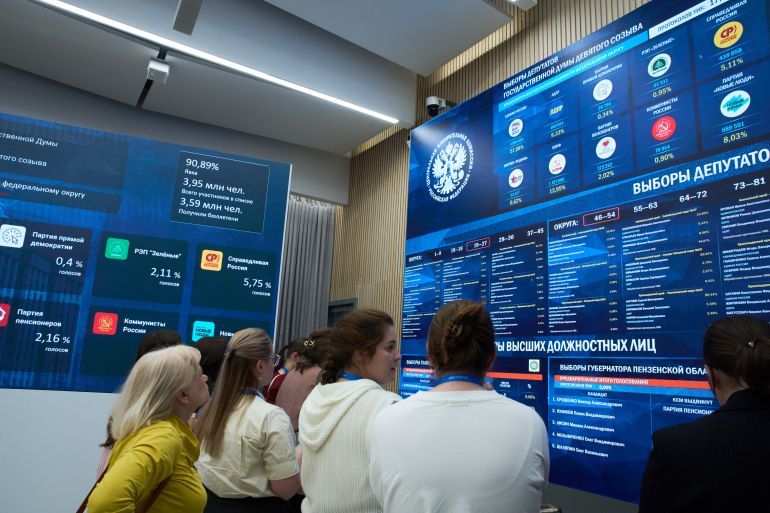 Journalists look at preliminary voting results for Russian parliamentary elections on a video screen during a meeting by the Commission of Russia's Central Election Committee in Moscow, Russia, Sunday, Sept. 20, 2026. (AP Photo/Alexander Zemlianichenko)