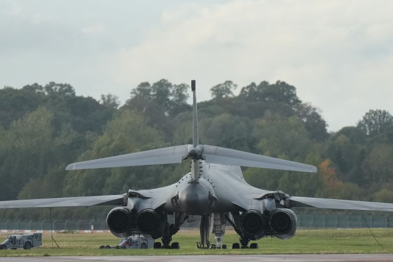 ap_6ab9567b629a6-1790531195 United States Airforce B1 bombers are seen at RAF Fairford, a US Airbase, after an incident in Fairford, England, Sunday, Sept. 27, 2026. (AP Photo/Alastair Grant)