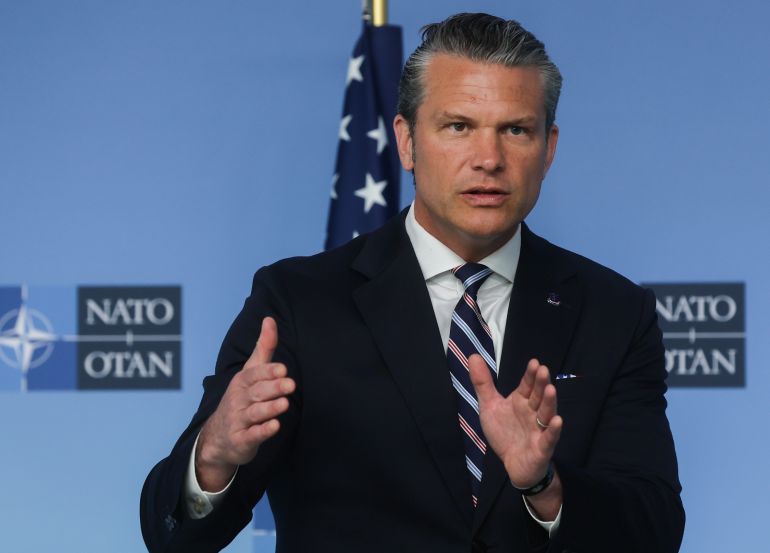 epa_6a4e296db89a-1783507309 epa13045852 United States Secretary of Defense Pete Hegseth makes statements ahead of a meeting of NATO Defense Ministers at Alliance headquarters in Brussels, Belgium, 18 June 2026. NATO defense ministers are discussing strengthening Allied deterrence and defense, increasing defense investment commitments, enhancing defense industrial capacity, continued support for Ukraine, and preparations for the upcoming NATO Summit in Ankara, Turkey. EPA/Olivier Hoslet