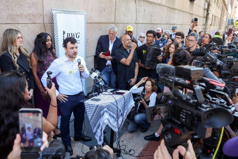 epa_6aa89d5e59f4-1789435230 epa13239441 Pro-Palestinian activist Mahmoud Khalil (3-L) speaks during a press conference outside Columbia University, announcing he filed a federal lawsuit against the university, in New York, New York, USA, 14 September 2026. Khalil accused the university of 'deliberate indifference', alleging Columbia failed to respond to the persistent harassment pro-Palestinian students faced for their advocacy, despite repeated requests to administrators for help in the weeks leading up to his March 2025 arrest by ICE agents. EPA/SARAH YENESEL