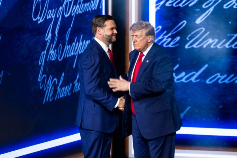 epa_6aba9d407544-1790614848 epa13230431 US President Donald Trump (R) shakes hands with US Vice President JD Vance (L) upon arrival to speak on the second day of the Midterm Republican National Convention (RNC) at the American Airlines Center in Dallas, Texas, USA, 10 September 2026. The two-day event, conceived by US President Donald Trump to spotlight key midterm congressional races, runs 09 to 10 September. EPA/JIM LO SCALZO