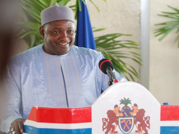 f2d26b70-f30e-42e0-9b4e-47bbf61707c7 FILE PHOTO: Gambia's President Adama Barrow is seen during a news conference in his residence in Banjul, Gambia January 28, 2017. REUTERS/Thierry Gouegnon/File Photo