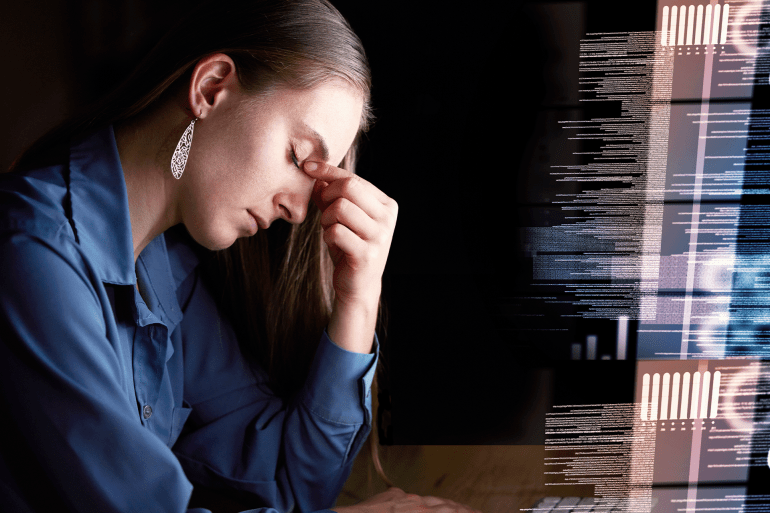 fd54sd5-1769438107 Woman, headache and tired, code and programmer, burnout and working night, stress migraine and mental health. Fatigue, overworked and stock market crash, overlay and stocks dashboard with brain fog
