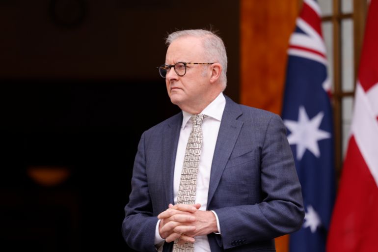 CANBERRA, AUSTRALIA - MARCH 16: Prime Minister Anthony Albanese waits in the Prime Minister's courtyard on March 16, 2026 in Canberra, Australia. Denmark's King Frederik X and Queen Mary are on a five-day state visit to Australia. (Photo by Hilary Wardhaugh/Getty Images)