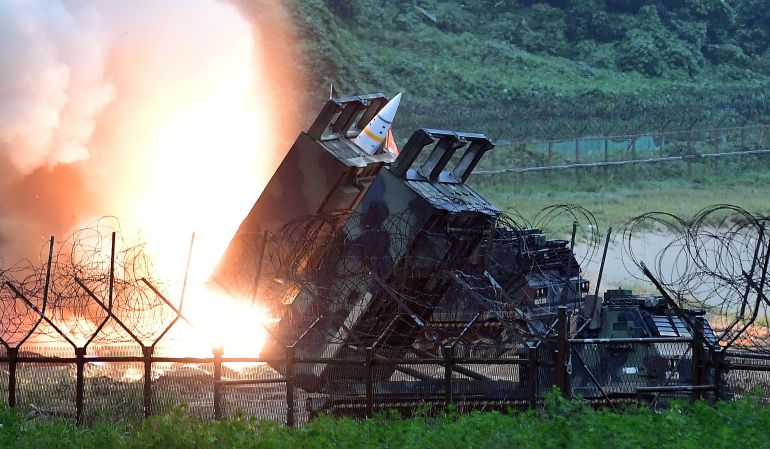 getty_6a759db0c4-1786092976 EAST COAST, SOUTH KOREA - JULY 29: In this handout photo released by the South Korean Defense Ministry, U.S. Army Tactical Missile System (ATACMS) firing a missile into the East Sea during a South Korea-U.S. joint missile drill aimed to counter North Korea¡¯s ICBM test on July 29, 2017 in East Coast, South Korea. North Korea launched another test missile, believed to be an Inter Continental Ballistic Missile (ICBM), which travelled 45 minutes before splashing down in the Exclusive Economic Zone (EEZ) of Japan. (Photo by South Korean Defense Ministry via Getty Images)