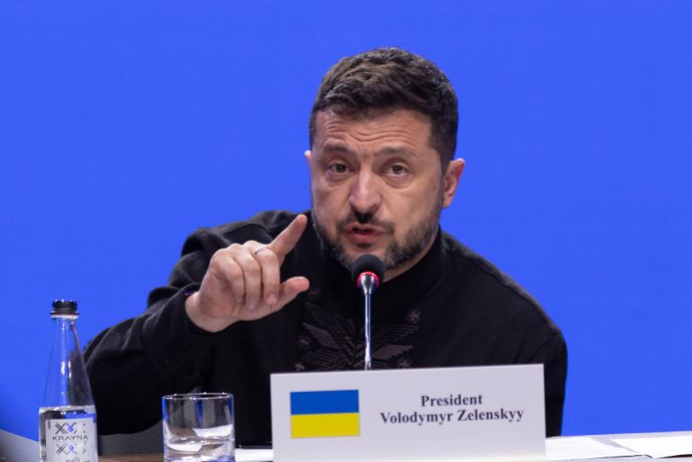 getty_6a8e34707a-1787704432 KYIV, UKRAINE - AUGUST 24: Ukrainian President Volodymyr Zelensky speaks at a Coalition of the Willing meeting during an event on the occasion of Ukrainian Independence Day on August 24, 2026 in Kyiv, Ukraine. The day featured a series of commemorative events attended by the Ukrainian president and first lady and foreign dignitaries. (Photo by Diego Fedele/Getty Images)