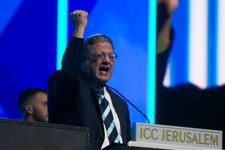 getty_6a946e1f47-1788112415 JERUSALEM, ISRAEL- JANUARY 28: Israel's National Security Minister Itamar Ben Gvir speaks during a convention calling for Israel to resettle Gaza Strip and the northern part of the West Bank at the International Convention Center on January 28, 2024 in Jerusalem, Israel. In the months since Oct. 7, various right-wing politicians and activists have called for creating new Jewish settlements in the Gaza Strip, which Israel previously occupied until 2005, at which time it dismantled its existing settlements and pulled out Israel Defense Forces. Talk of creating new Jewish settlements in Gaza has drawn opprobrium from the international community, including Israel's allies like the United States. (Photo by Amir Levy/Getty Images)