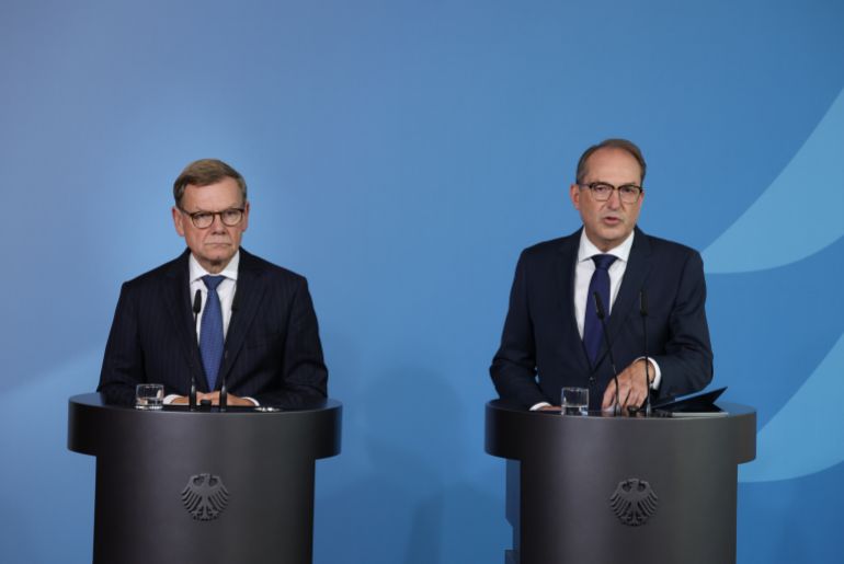 BERLIN, GERMANY - SEPTEMBER 01: German Foreign Minister Johann Wadephul (L) and Interior Minister Alexander Dobrindt speak to the media to announce Germany's response to the failed drone attack at Leipzig airport on September 01, 2026 in Berlin, Germany. Wadephul said measures include the closings of the Russian consulate general in Bonn and Russia House in Berlin. The German government blames Russia for the August 5 incident in which at least two drones, including one carrying explosives, were involved in a failed attack against Ukrainian cargo planes stationed at Leipzig. (Photo by Sean Gallup/Getty Images)