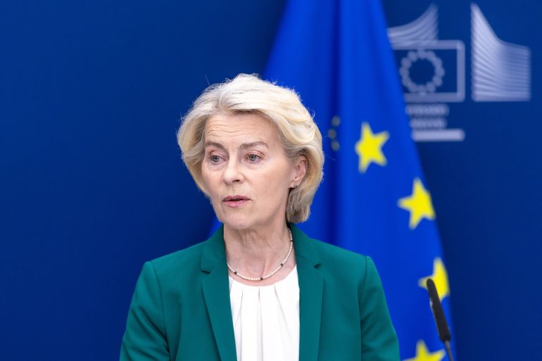 BRUSSELS, BELGIUM - SEPTEMBER 02: European Commission President Ursula von der Leyen delivers a press statement before a meeting with NATO Secretary General Mark Rutte at EU headquarters on September 2, 2026, in Brussels, Belgium. European Commission President Ursula von der Leyen and NATO Secretary General Mark Rutte met in Brussels to discuss European security following Germany’s claim that Russia was behind the drone attack targeting Leipzig Airport last month. (Photo by Omar Havana/Getty Images)