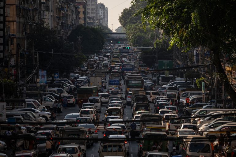 getty_6aac14b2f3-1789662387 YANGON, BURMA - DECEMBER 27: Traffic jam in downtown Yangon on December 27, 2025 in Yangon, Burma. Myanmar is holding a multi-phase general election beginning on December 28, 2025, and continuing into January 2026 under the military administration, which has presented the vote as a step toward restoring civilian rule following the 2021 military coup and subsequent conflict. (Photo by Sirachai Arunrugstichai/Getty Images)