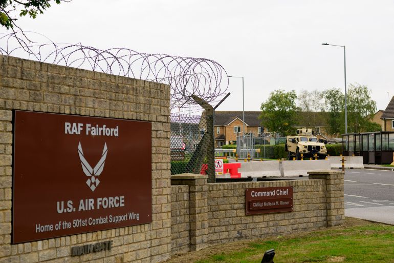 getty_6ab932c4a3-1790522052 FAIRFORD, ENGLAND - SEPTEMBER 27: The main gate of RAF Fairford is pictured on September 27, 2026 in Fairford, United Kingdom. Police have declared a major incident after evacuating residents from their homes in Whelford, a village about one mile from RAF Fairford, a military base that hosts U.S. Air Force bombers involved in the Iran conflict. Several men have been arrested on suspicion of offences under the explosives act, and the Army's specialist explosive ordnance disposal team are examining a number of vehicles in the area. (Photo by David Bown/Getty Images)