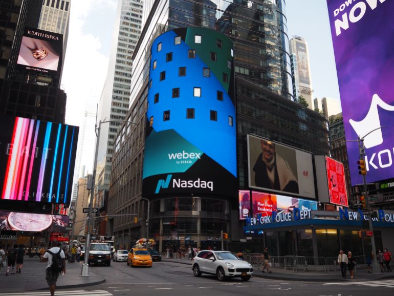 gettyimages-1342238114-1788458158 New York City, New York United States - August 29 2021: NASDAQ, National Association of Securities Dealers Automated Quotations corporate logo sign near Times Square.