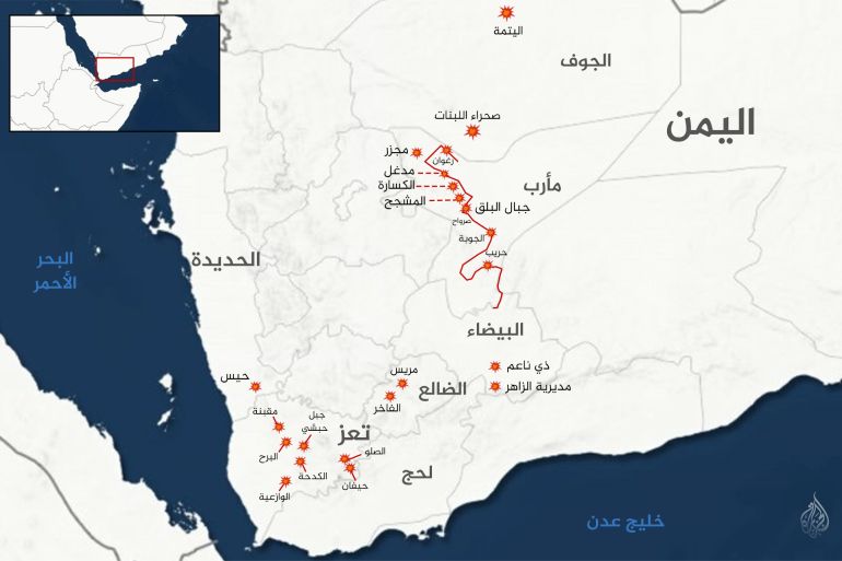 last22345-1788984527 خريطة أبرز مناطق الجبهات في اليمن خلال المواجهات الأخيرة