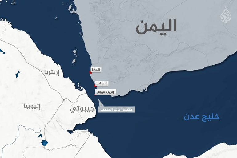 خريطة لليمن تظهر المناطق التي سيطرت عليها جماعة الحوثي بالقرب من مضيق باب المندب