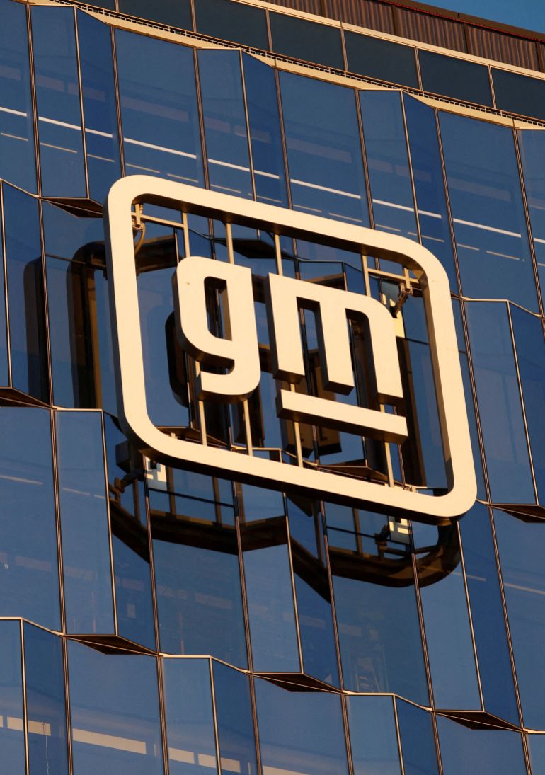 FILE PHOTO: The GM logo is displayed at the new location of General Motors Headquarters in Detroit, Michigan, U.S. January 12, 2026. REUTERS/Rebecca Cook/File Photo