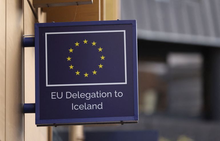 A European Union sign outside their delegation building ahead of a referendum on whether Iceland should resume accession negotiations with the European Union, in Reykjavik, Iceland, August 29, 2026. REUTERS/Leonhard Foeger