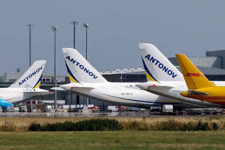 FILE PHOTO: The empennages of a DHL cargo plane and Ukrainian Antonov cargo planes at Leipzig/Halle Airport in Schkeuditz, Germany, August 5, 2026, after the police said explosives experts examined a drone found near a runway, and after a DHL cargo aircraft hit an unknown object as it was climbing away from the airport overnight, prompting an unscheduled landing in Hanover, according to a source familiar with the incident. REUTERS/Axel Schmidt//File Photo