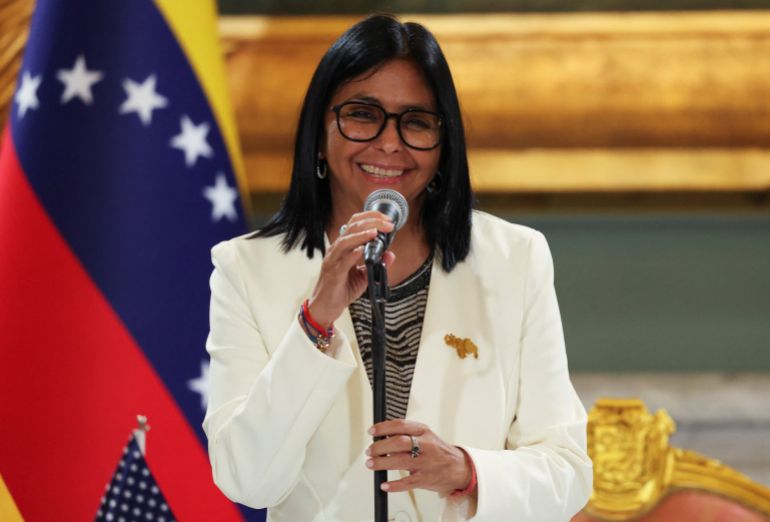 Venezuelan acting President Delcy Rodriguez speaks as she attends the signing of an agreement between U.S. oil major Chevron and government officials to expand the company's operations, at Miraflores Palace, in Caracas, Venezuela, September 2, 2026. REUTERS/Leonardo Fernandez Viloria