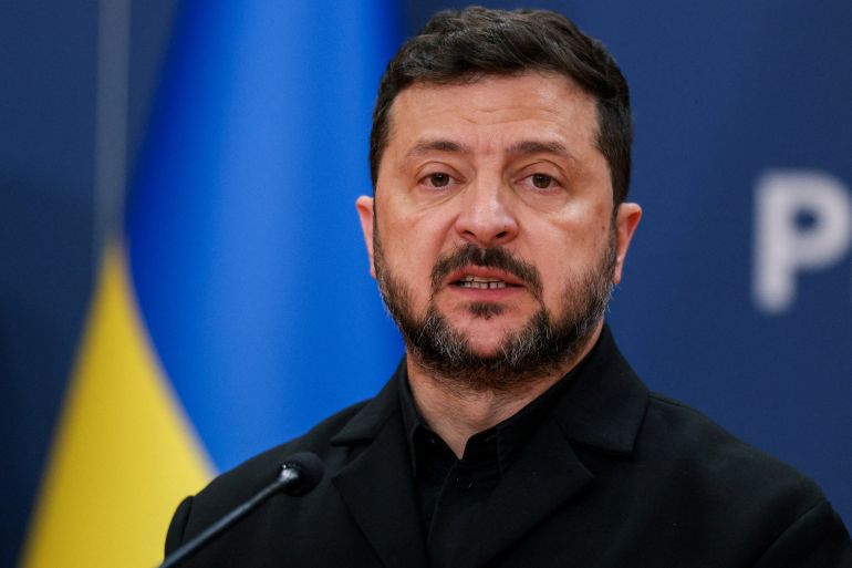 FILE PHOTO: Ukrainian President Volodymyr Zelenskiy speaks at a press conference with Serbian President Aleksandar Vucic (not pictured) during his visit to Belgrade, Serbia, August 8, 2026. REUTERS/Marko Djurica/File Photo