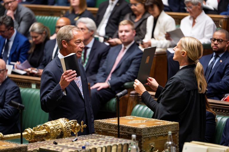 UK leader Nigel Farage swears in as Clacton's MP at the House of Commons in London, Britain, September 1, 2026. © House of Commons/Handout via REUTERS THIS IMAGE HAS BEEN SUPPLIED BY A THIRD PARTY. IMAGE MUST NOT BE ALTERED. MANDATORY CREDIT. ATTENTION EDITORS - IN LINE WITH GUIDANCE FROM THE HOUSE, SOME IMAGES MIGHT HAVE BEEN SLIGHTLY ALTERED AT THE SOURCE SO THAT TEXT IN DOCUMENTS IS NOT CLEARLY VISIBLE.