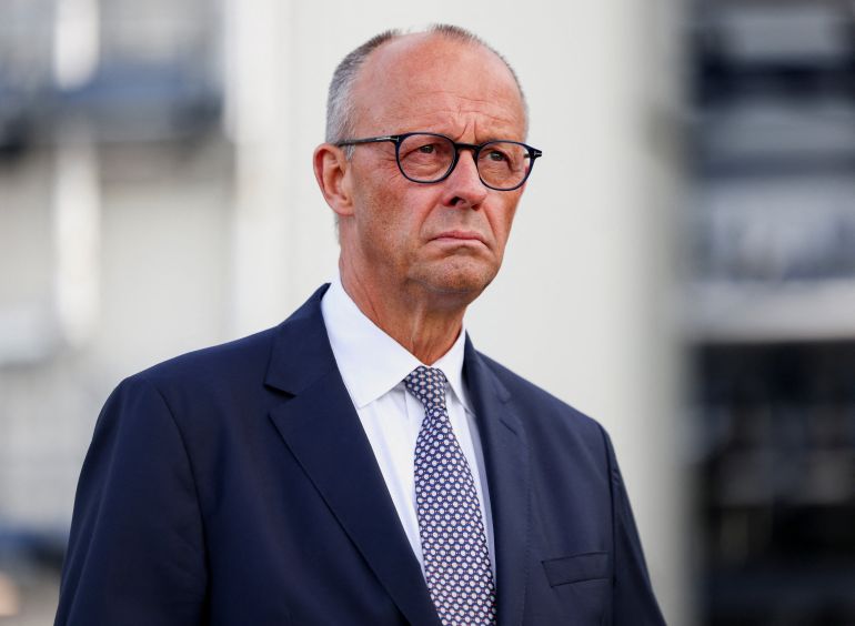 reuters_6a9aecb5-1788538037 German Chancellor and Christian Democratic Union (CDU) party leader Friedrich Merz gives a press statement after visiting UPM Biochemicals in Leuna, Germany, September 3, 2026. REUTERS/Christian Mang