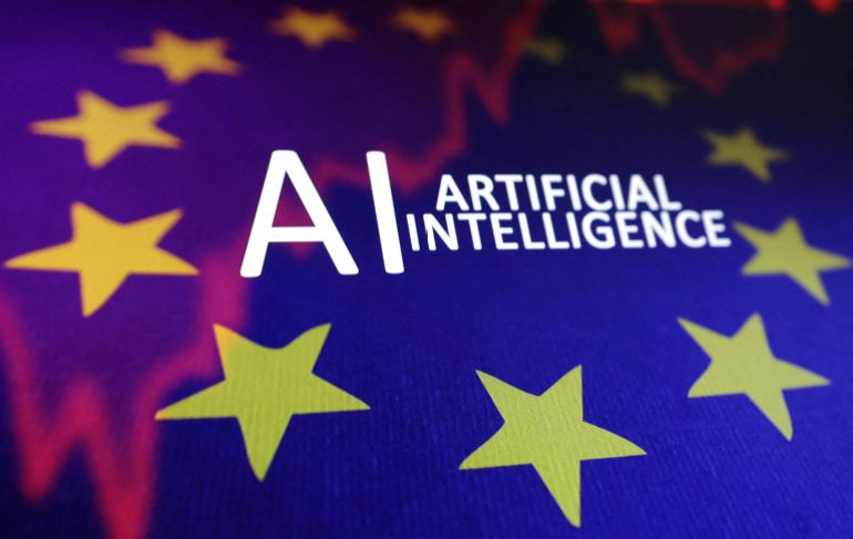 FILE PHOTO: EU flag, stock graph and "AI ARTIFICIAL INTELLIGENCE" words are seen in this illustration taken, May 21, 2024. REUTERS/Dado Ruvic/Illustration/File Photo