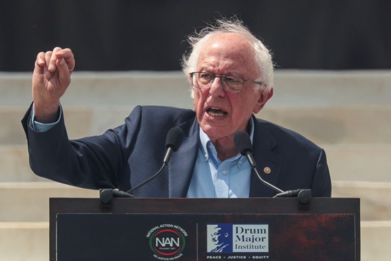 reuters_6aa67e4f-1789296207 U.S. Senator Bernie Sanders (I–VT) speaks during the "March on Washington 2026: Defend the Vote" rally and march for voting rights in Washington, D.C., U.S., August 28, 2026. REUTERS/Evelyn Hockstein