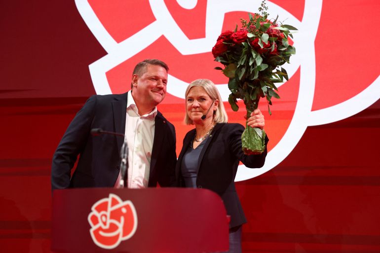 reuters_6aa72767-1789339495 Leader of the opposition and the Swedish Social Democratic Party Magdalena Andersson and Party Secretary Tobias Baudin stand on stage as the general election's voting results are released in Stockholm, Sweden, September 14, 2026. REUTERS/Denis Balibouse