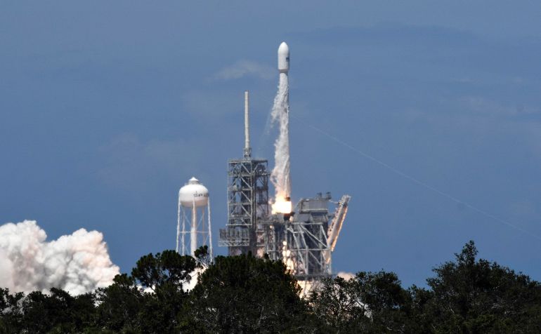June 23, 2017; Kennedy Space Center, FL, USA; A SpaceX Falcon 9 rocket lifts off from Kennedy Space Center. The previously flown booster is carrying a Bulgarian communications satellite. Mandatory Credit: Craig Bailey/Florida Today via USA TODAY NETWORK