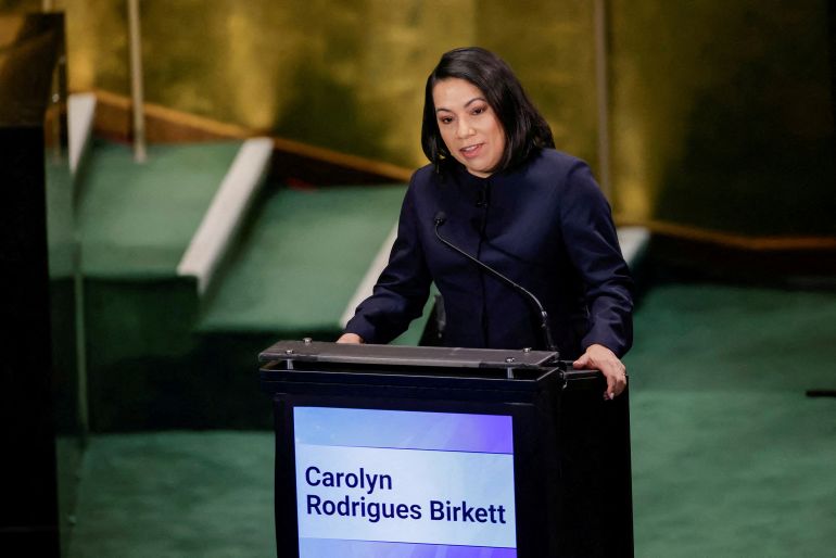reuters_6aaf6675-1789879925 FILE PHOTO: Candidate for the position of United Nations secretary-general, Carolyn Rodrigues Birkett, speaks during the "UN Town Hall: The Next Secretary-General" event at United Nations headquarters in New York City, U.S., July 23, 2026. REUTERS/Eduardo Munoz//File Photo