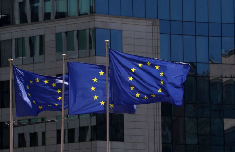 reuters_6ab13c86-1790000262 FILE PHOTO: European Union flags flutter outside the European Commission headquarters in Brussels, Belgium April 29, 2026. REUTERS/Yves Herman/File Photo