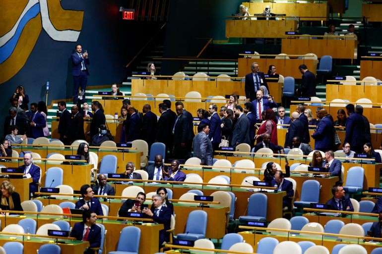 Delegates walk out as Israel's Prime Minister Benjamin Netanyahu addresses the 81st United Nations General Assembly at UN headquarters in New York City, US, September 24, 2026. REUTERS/Jeenah Moon