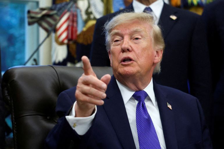 FILE PHOTO: US President Donald Trump takes questions during the announcement of a Minnesota company's plan to build a $15 billion steel mill in Iowa, at the Oval Office at the White House in Washington, D.C., US, September 28, 2026. REUTERS/Kevin Lamarque/File Photo