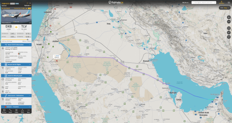 route-1790751186 ***داخلية*** بيانات ملاحية.. طائرة فلاي دبي إلى تل أبيب تفعل رمز الطوارئ وتغير مسارها فلايت رادار