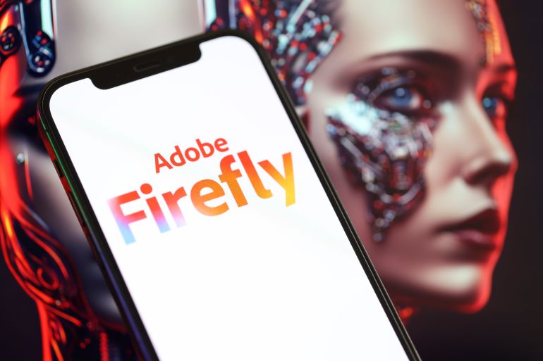 shutterstock_2454781357-1777905236 KYIV, UKRAINE - MARCH 17, 2024 Adobe Firefly logo on iPhone display screen with background of artificial intelligence futuristic ai generated image close up