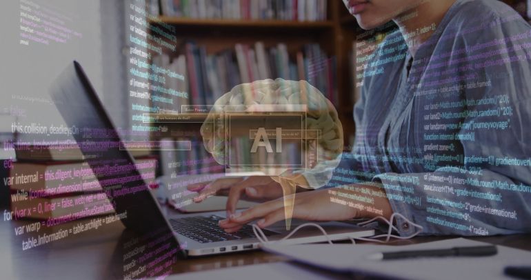 Image of ai text and data over biracial female student in hijab with laptop. Global artificial intelligence, connections, computing and data processing concept digitally generated image.